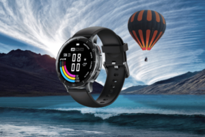 Smartwatch with mountain and hot air balloon background