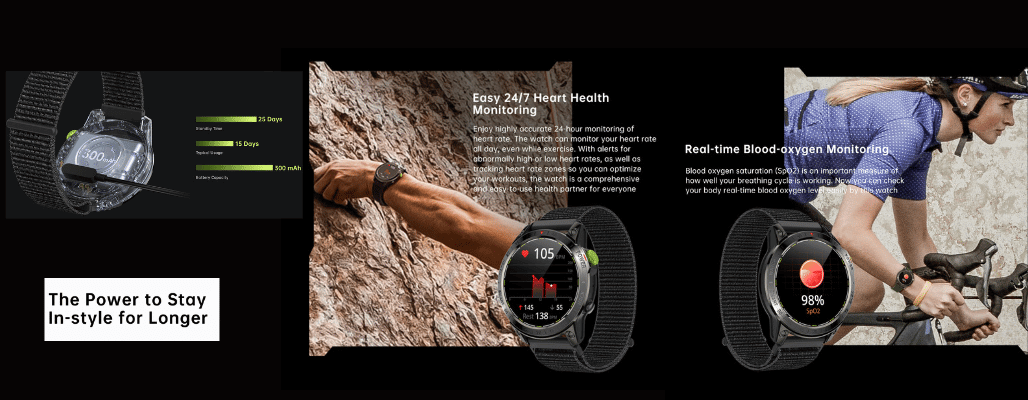 Smartwatch with health monitoring features and long battery life.