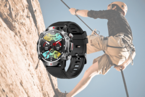 Smartwatch with colorful display beside rock climber