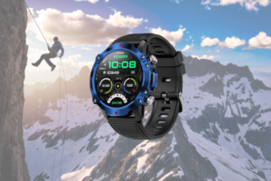 Smartwatch in snowy mountain climbing scene.