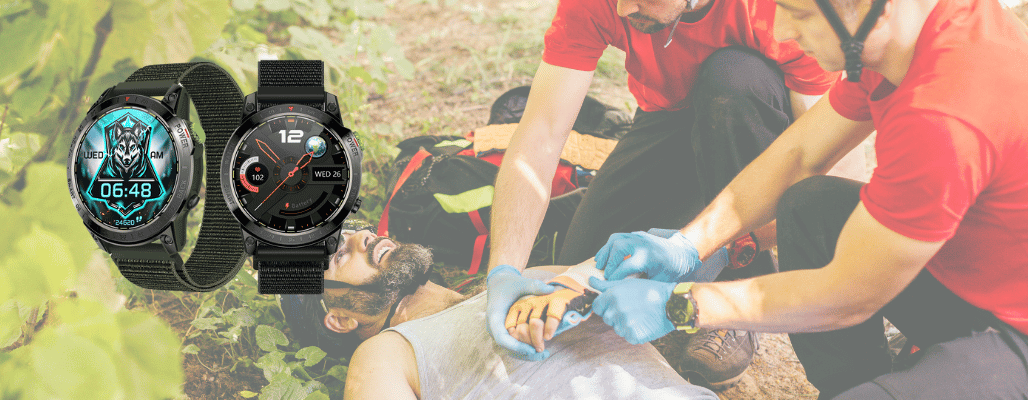 Smartwatches and paramedics performing first aid outdoors.