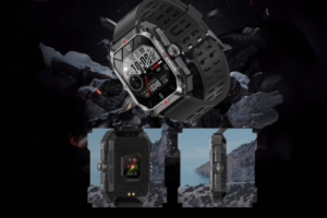 Rugged smartwatch with digital display and black straps.