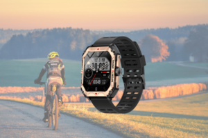 Smartwatch with cyclist on country road background