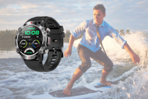 Digital watch, man surfing in water