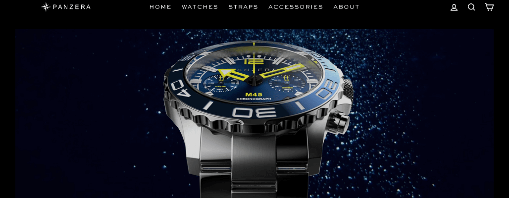 Panzera M45 chronograph watch on blue background.