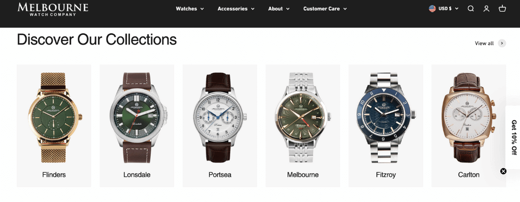 Watch collections: Flinders, Lonsdale, Portsea, Melbourne, Fitzroy, Carlton.