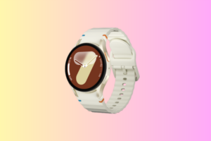 Beige smartwatch with colorful background